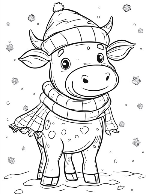 Christmas cow wearing hat scarf standing in falling snow