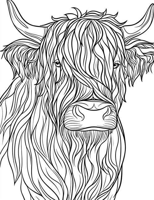 Highland cow with long fur covering its eyes and face