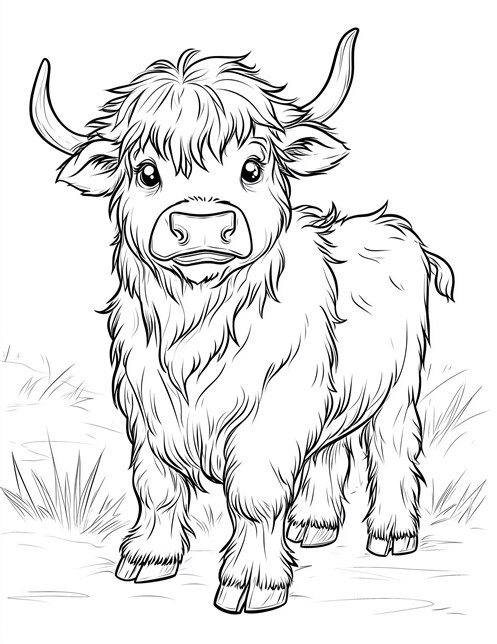 Fluffy Highland cow standing in grass with curious expression