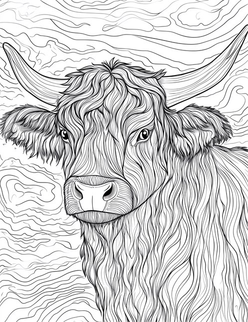 Highland cow with long wavy fur and large horns