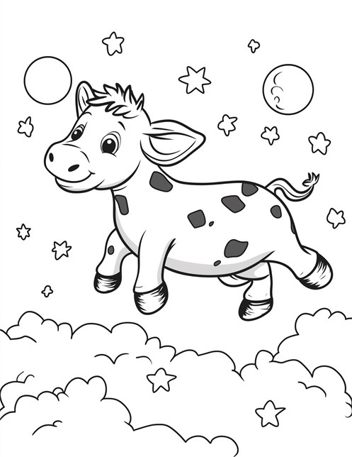 Happy cow jumping over moon with stars and clouds