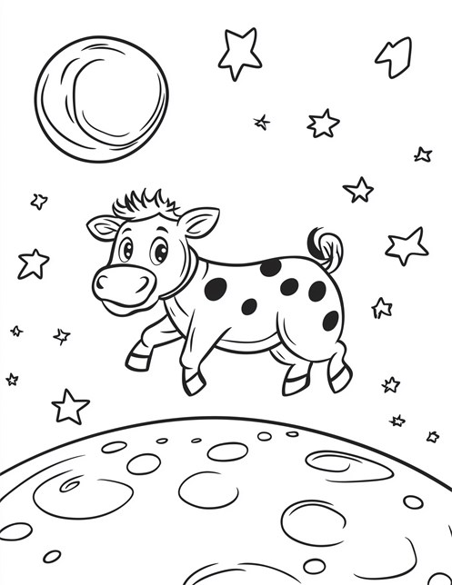 Cow jumping on moon with stars around in space