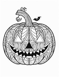 A jack o  lantern with cool patterns, a zigzag smile, and a bat flying nearby