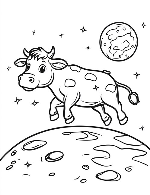 Cow floating in space near moon with stars