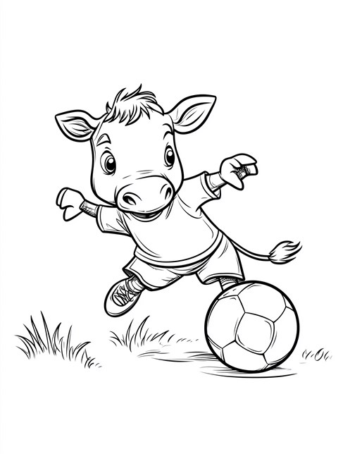 Cow playing soccer kicking ball on grassy field