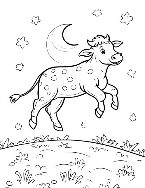 Cow jumping over moon with stars in sky