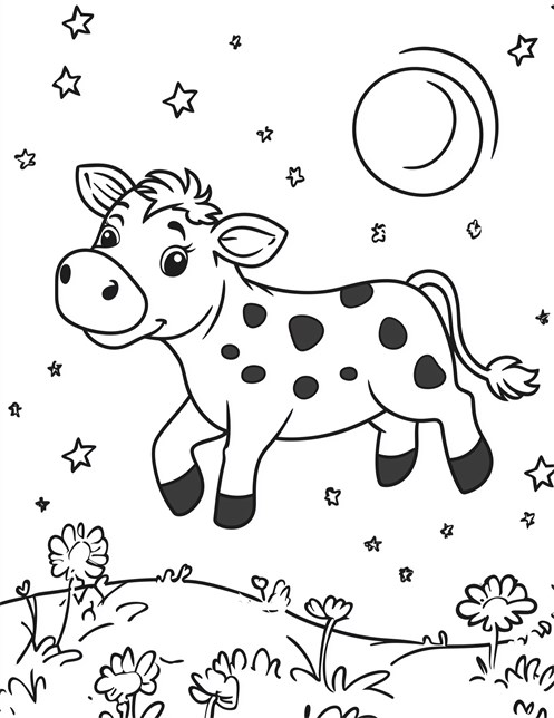 Cow flying among stars with moon in night sky