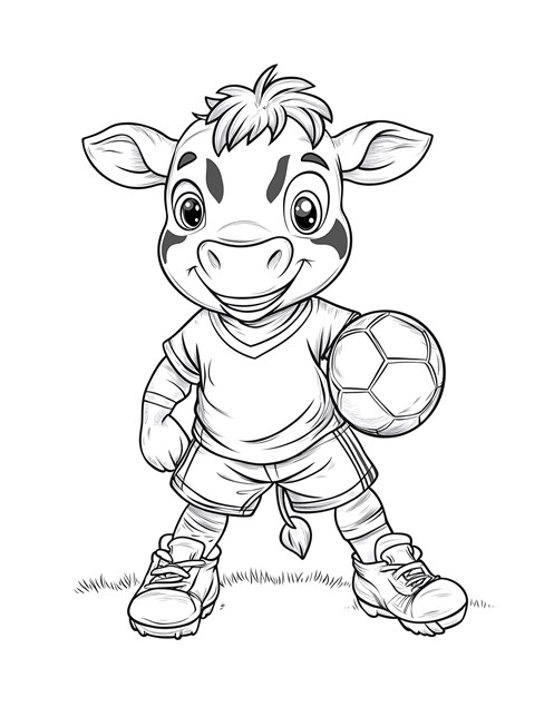 Cow dressed as soccer player holding ball and smiling