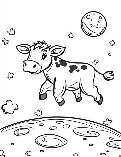 Cow floating above moon with stars and planet nearby