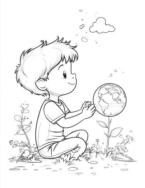 Boy holds Earth like ball with plants around