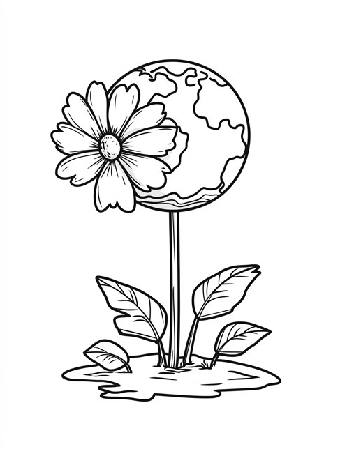 Earth on stick with flower and leaves at bottom