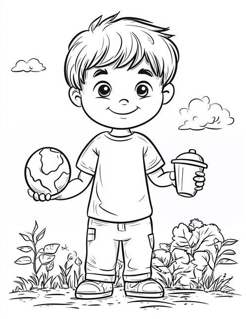 Smiling boy holding Earth and cup with plants behind him