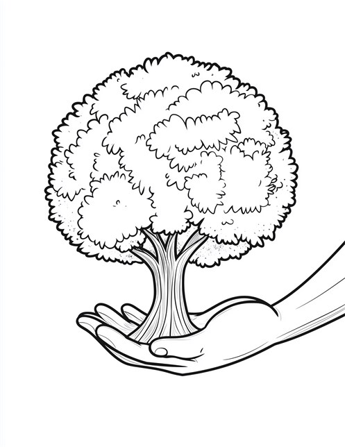 Hand holding big leafy tree with thick branches below