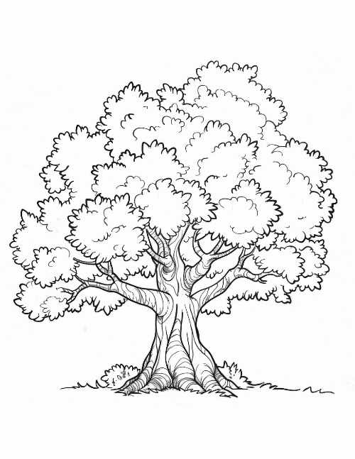 A big, oak, leafy tree with a thick trunk, standing tall and strong in the grass