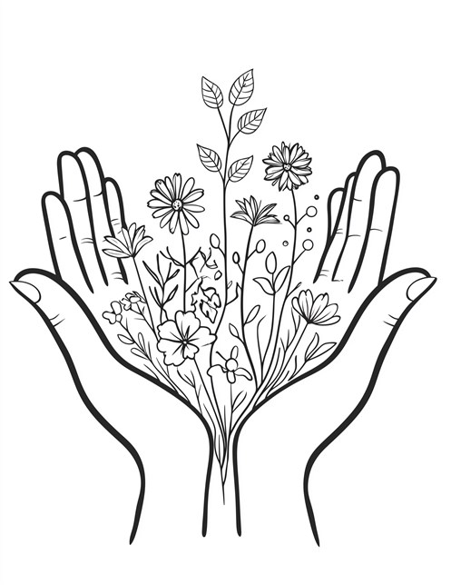 Two hands holding bunch of flowers with leaves and stems