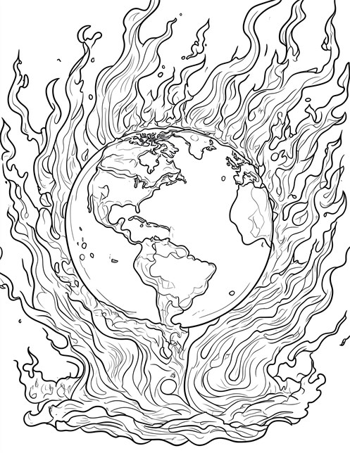 Earth surrounded by large flames with continents visible