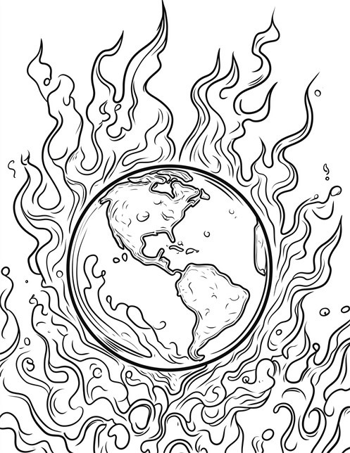 Earth engulfed in flames with continents clearly visible