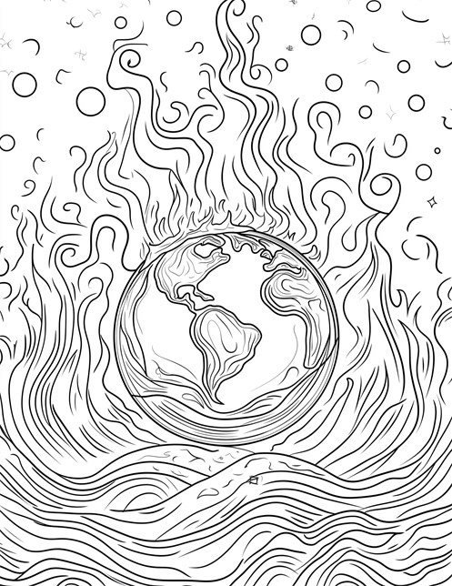 Earth surrounded by swirling flames and waves with bubbles above