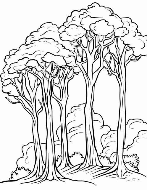 Tall, skinny trees with leafy tops standing together, surrounded by bushes and fluffy clouds