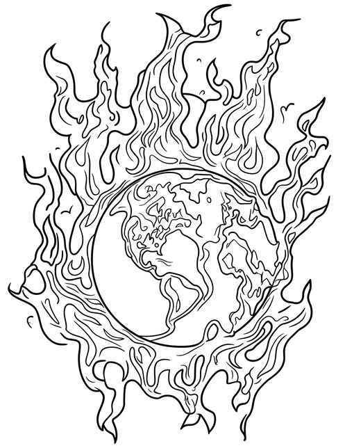 Earth surrounded by large swirling flames all around