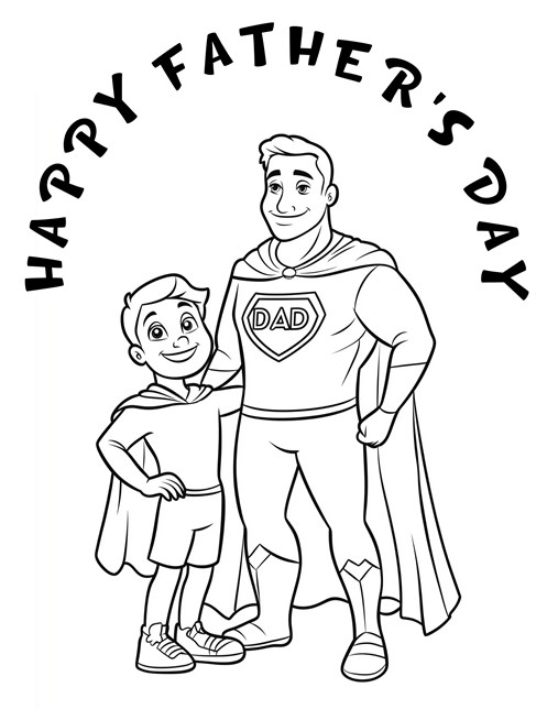 Superhero dad with child under Happy Father’s Day text