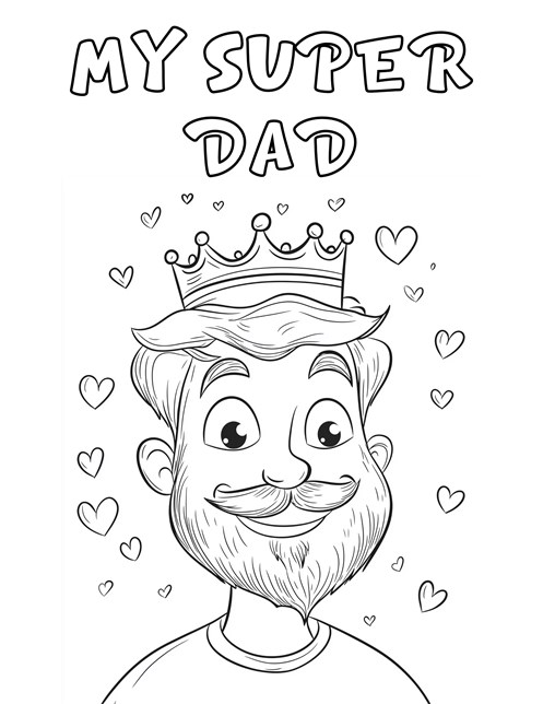 Dad with crown surrounded by hearts saying my super dad