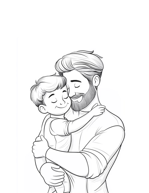 Dad with beard hugging smiling son happily