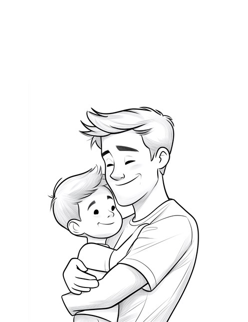 Dad hugging smiling son, both look very happy