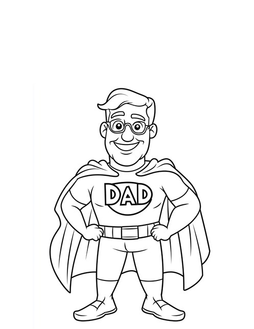 Superhero dad with glasses smiling confidently with hands on hips