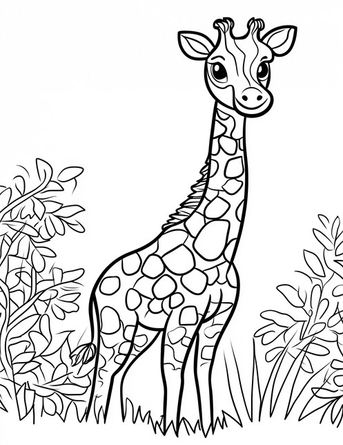 Giraffe standing among plants and bushes looking happy