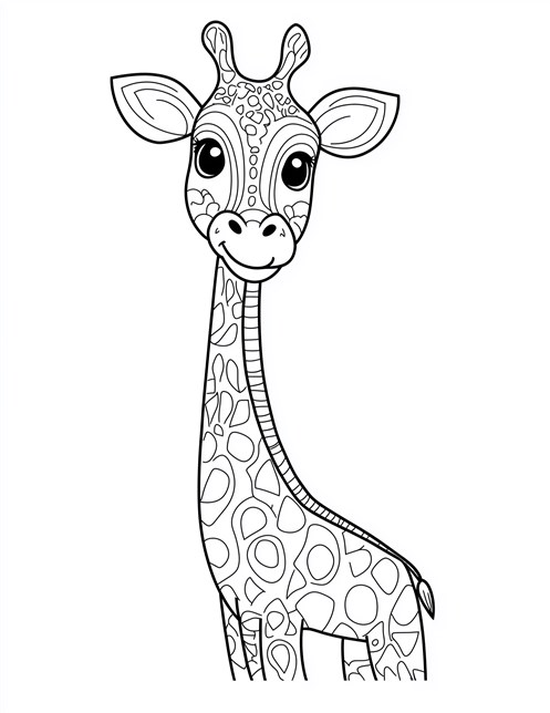 A giraffe with a detailed pattern of spots and large eyes