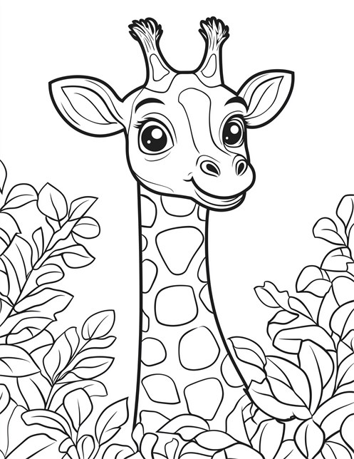 A curious giraffe peeking through leafy plants with a friendly expression