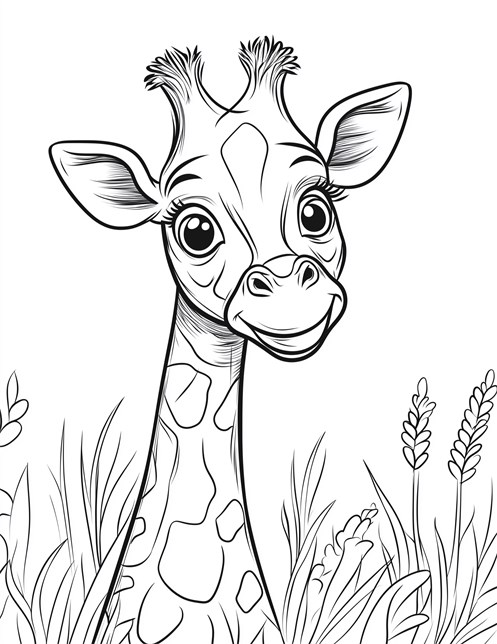 A giraffe standing in tall grass with big bright eyes