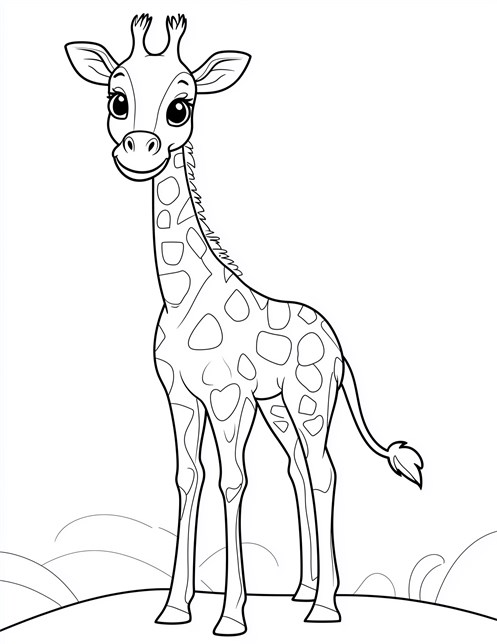 A giraffe standing confidently on a hill with a friendly look