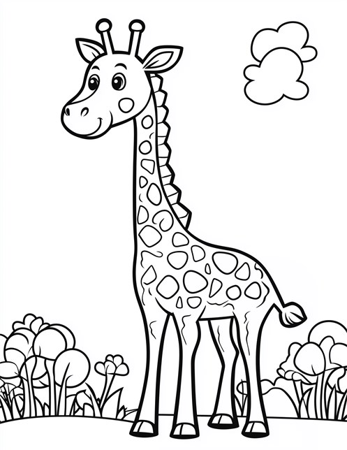 A cartoon giraffe standing among bushes with a cloud above