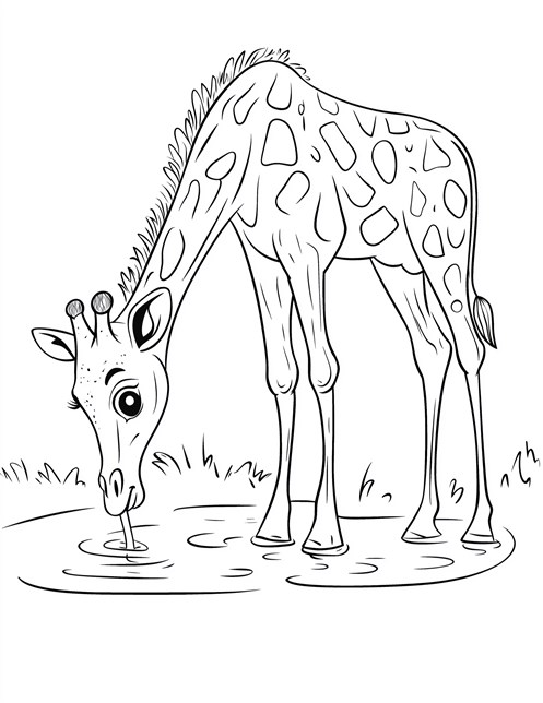 A giraffe bending down to drink water from a small pond