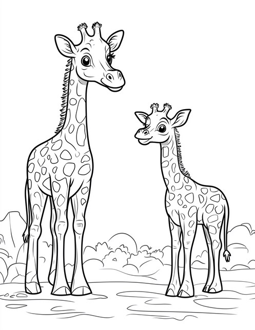 Two giraffes standing together with bushes and hills in the background