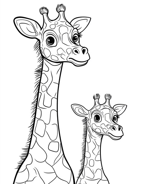 Close up of two giraffes with large eyes and detailed patterns