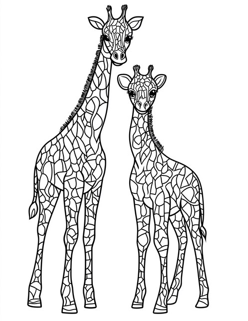 Two giraffes with intricate, mosaic like patterns on their bodies