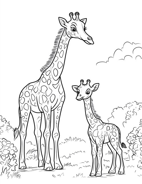 An adult giraffe and a young calf standing in a grassy area with bushes