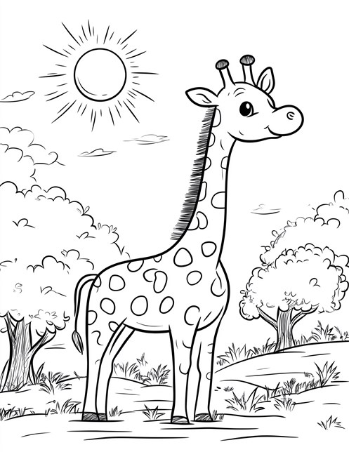 Giraffe standing under bright sun with trees around