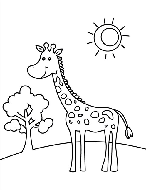 Smiling giraffe under sun with tree