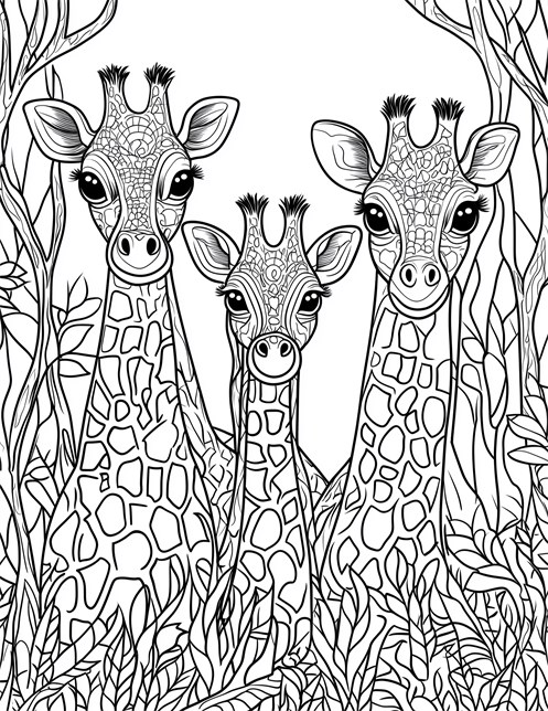 Three giraffes standing together in jungle