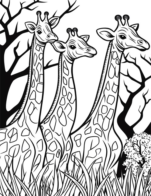 Giraffes standing together with trees and sun