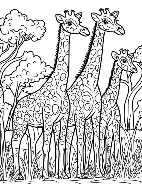 Three giraffes standing tall with trees in background