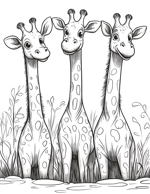 Three giraffes standing with plants around