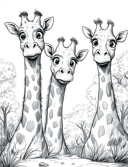 Three curious giraffes with trees in background