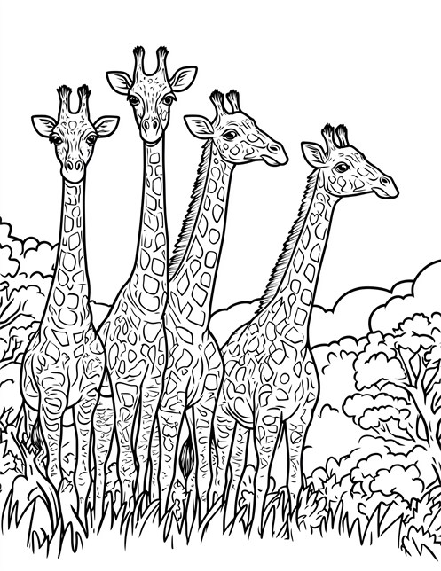 Four giraffes standing together in tall grass