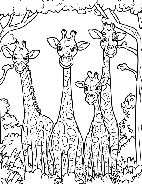 Four giraffes standing in the jungle among trees