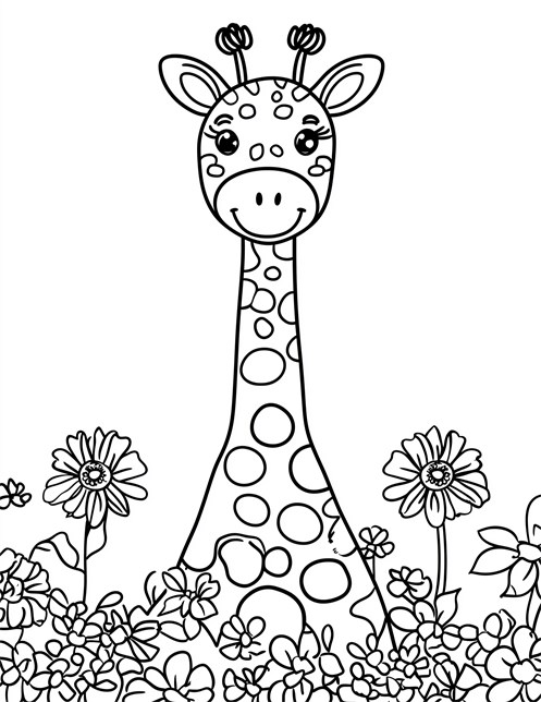 A smiling giraffe surrounded by flowers